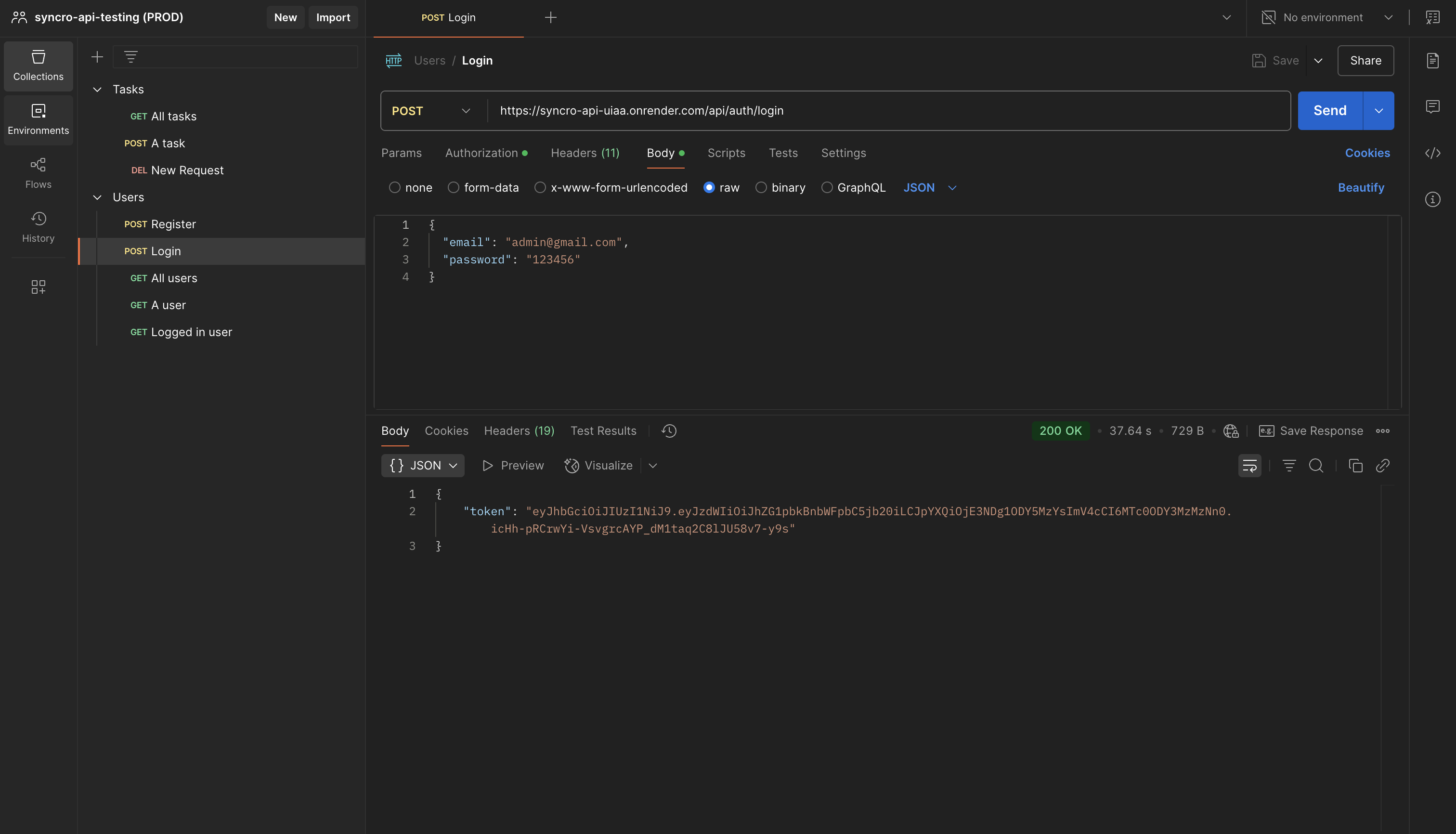 Login request (ADMIN) returning JWT